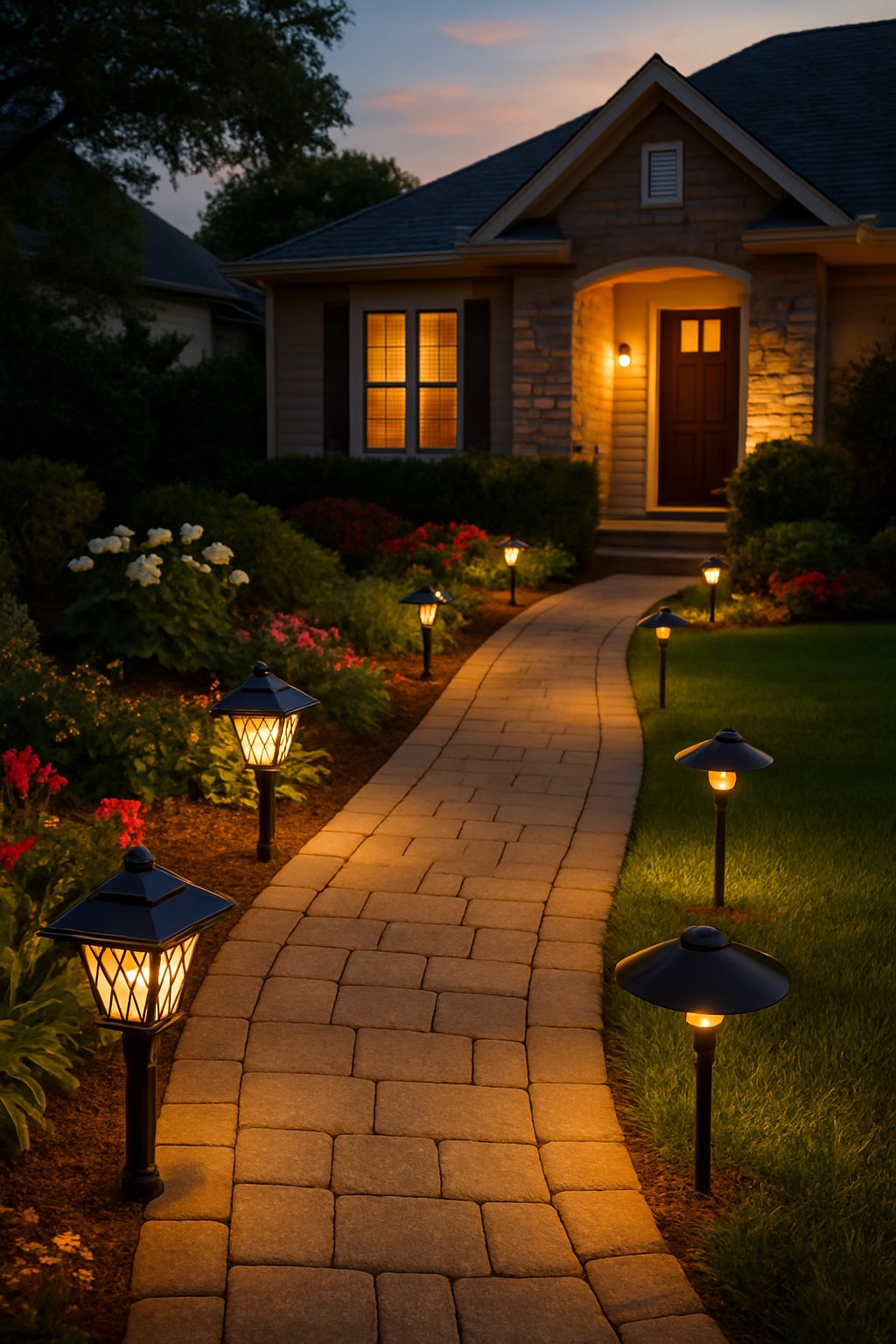 A front yard pathway illuminated by solar-powered lanterns and path lights with a well-kept garden and house in the background at twilight.