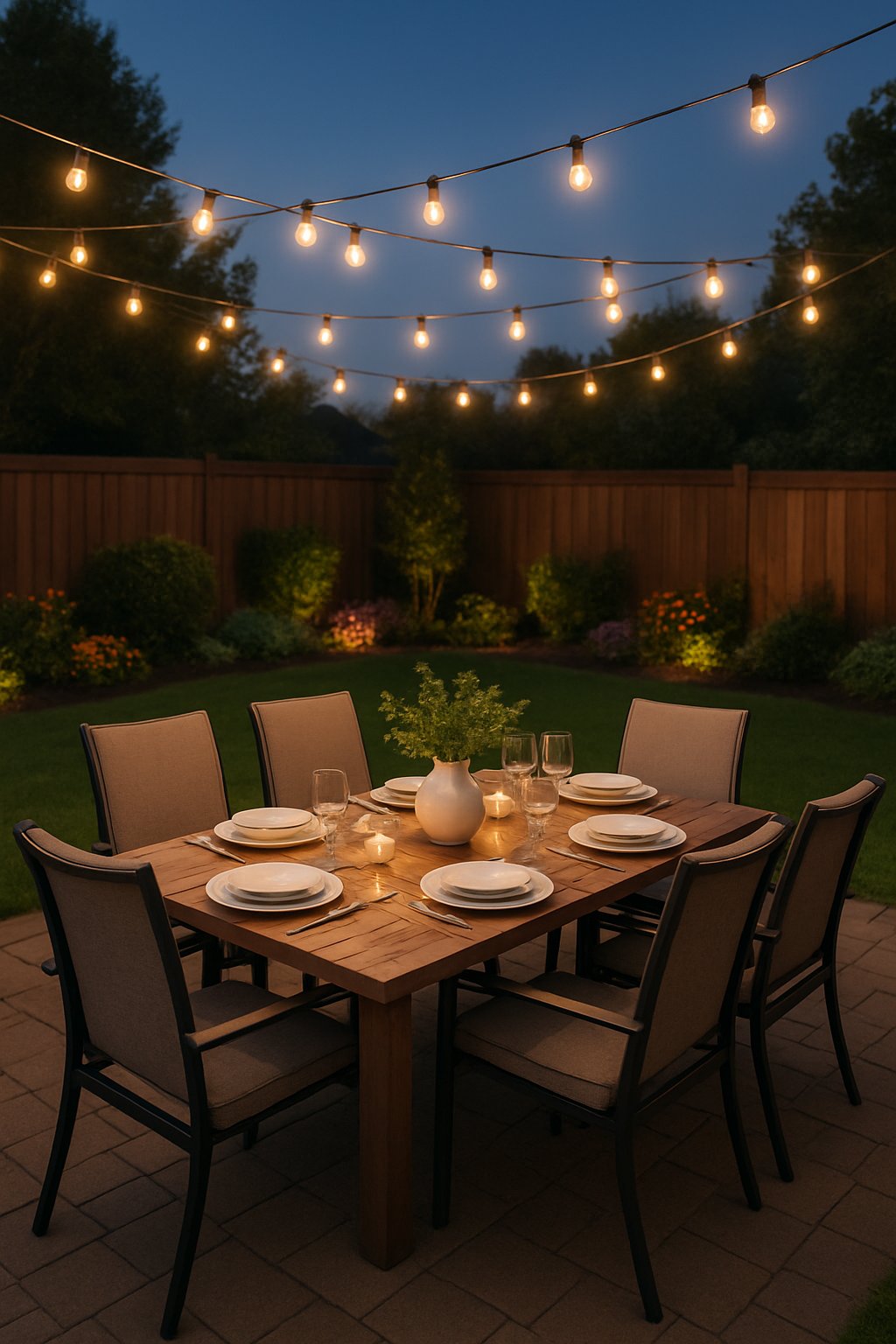 Outdoor dining area in a backyard with a table set for six and string lights hanging overhead.