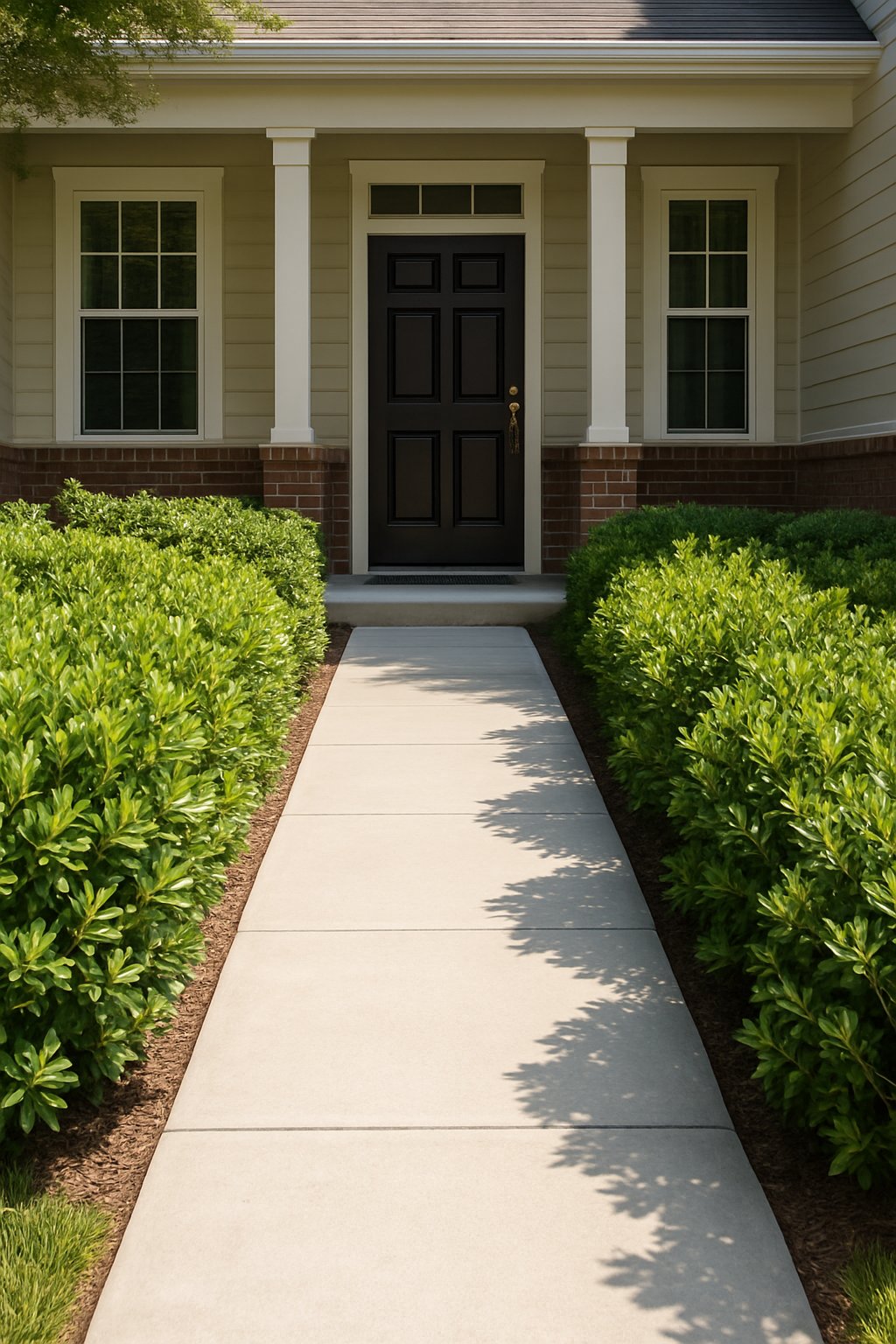 A walkway bordered by neatly trimmed low-maintenance shrubs leading to a house entrance.