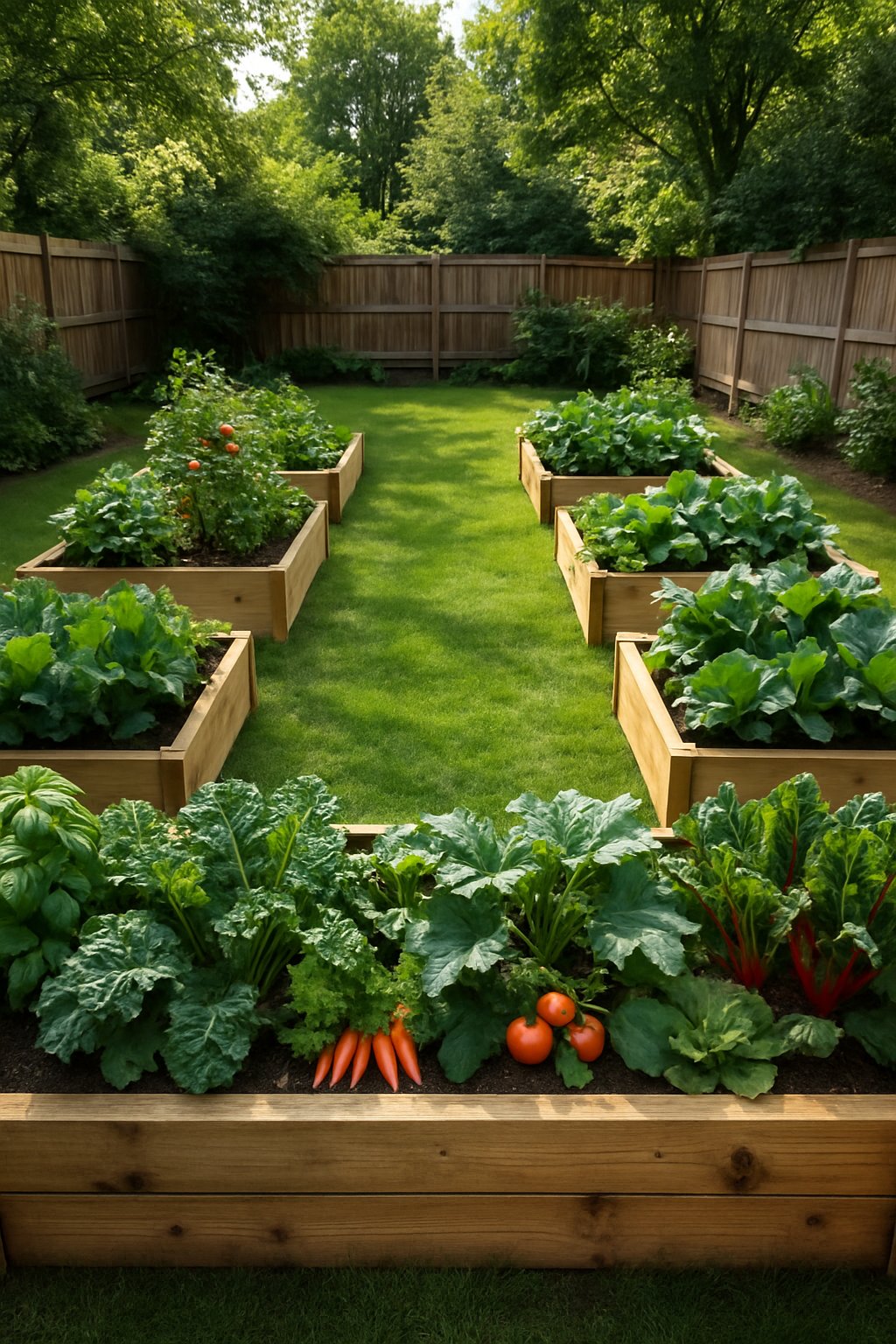 Backyard with raised garden beds along the edges filled with herbs and vegetables surrounding a grassy lawn.