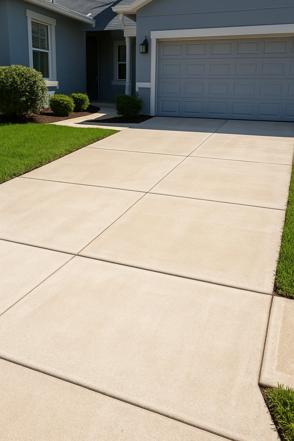 A clean residential driveway and walkways after power washing, with a modern house and well-kept landscaping.