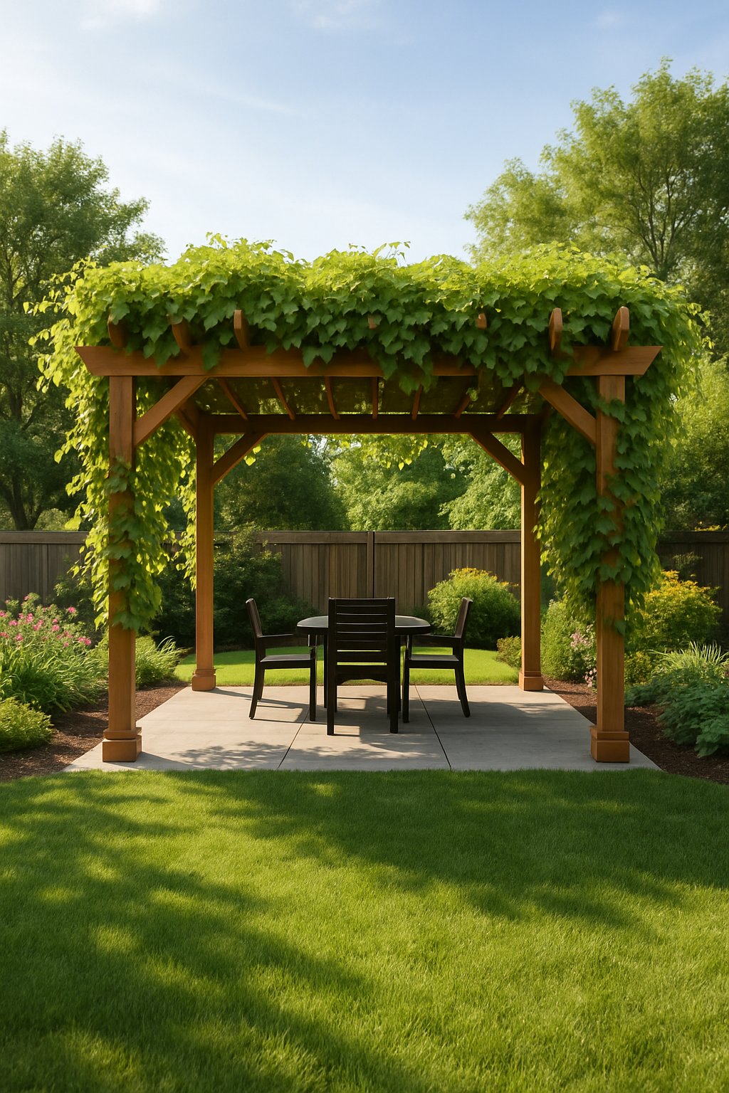 A backyard with a wooden pergola covered in green climbing vines, surrounded by grass and plants.