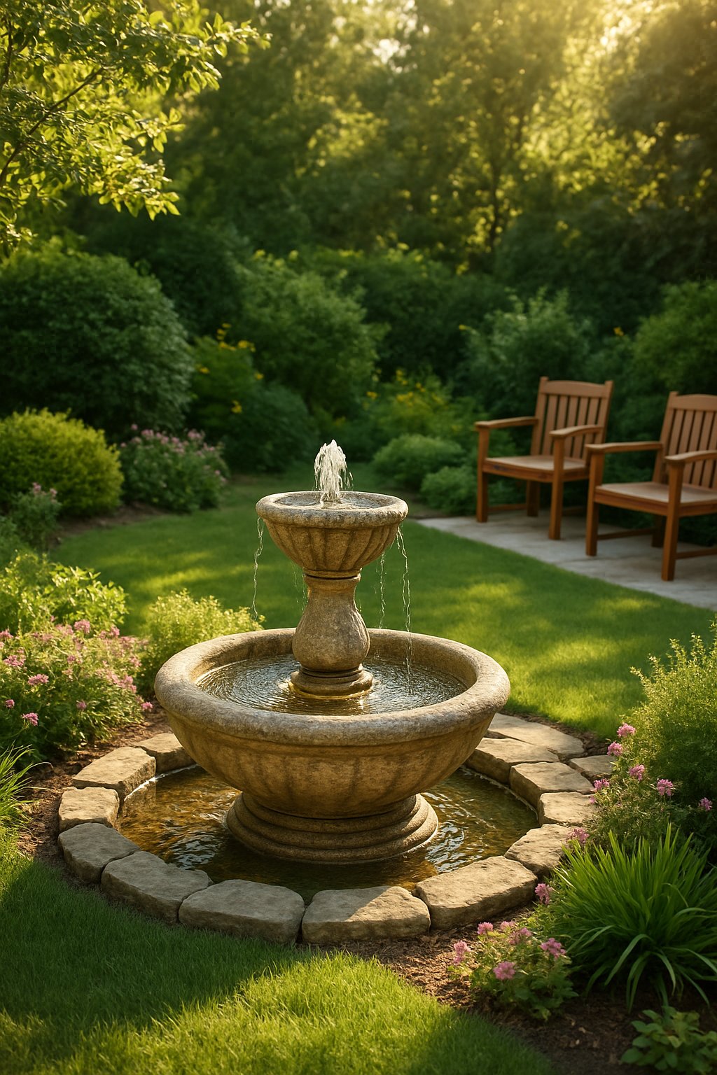 A tranquil backyard with a small stone fountain surrounded by green grass, plants, and outdoor seating.