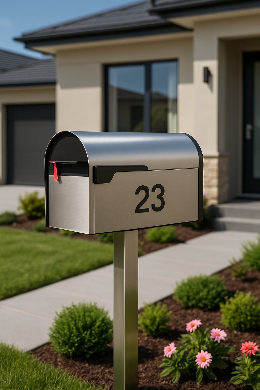 A modern mailbox installed at the curb in front of a suburban house with green landscaping and a clear sky.