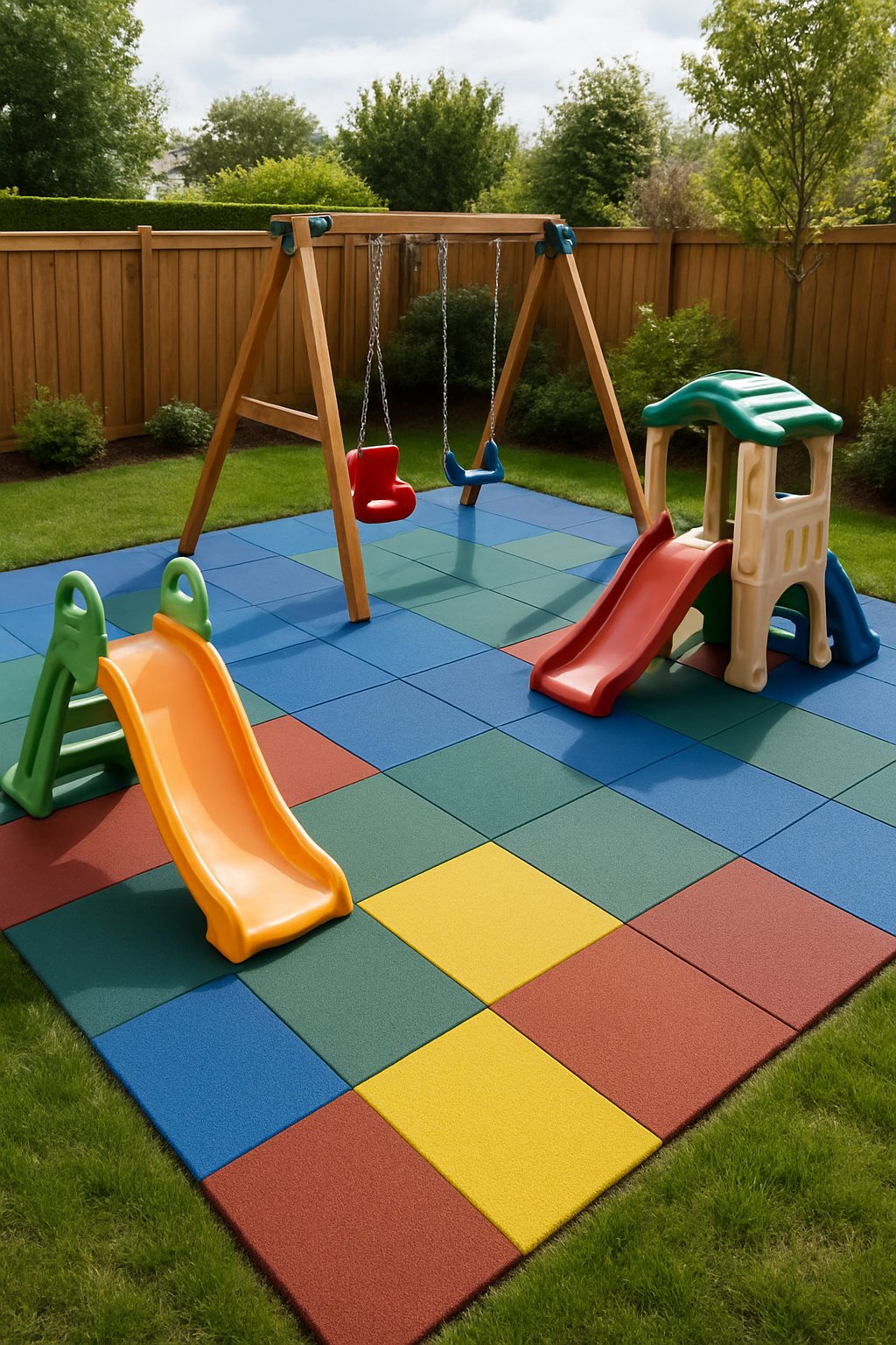 A backyard children’s play zone with soft colorful ground covering and various play equipment including a slide and swings, surrounded by grass and plants.