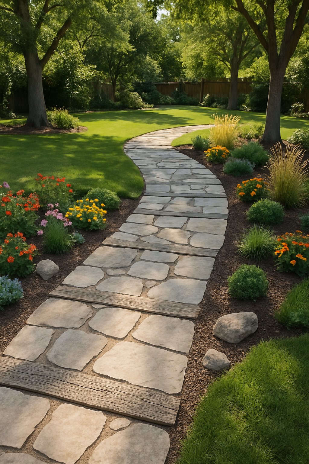 A backyard with a curved pathway made of natural stone and reclaimed wood surrounded by green grass, flowers, and trees.