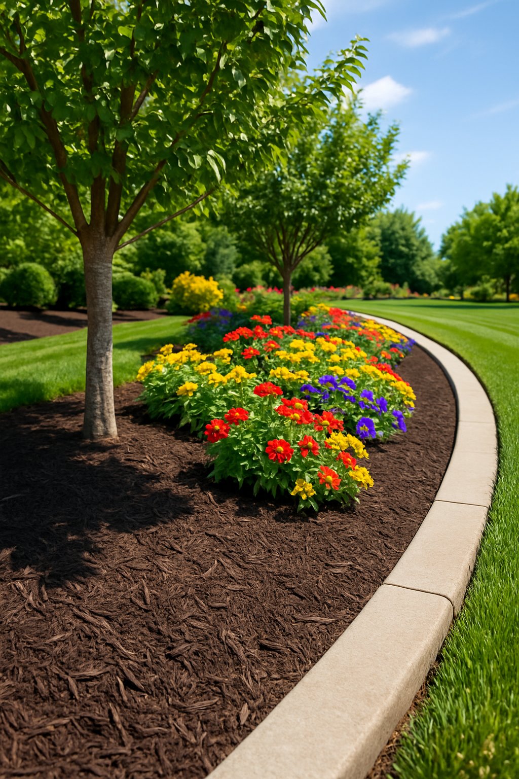 A garden with fresh dark mulch around trees and colorful flower beds next to a neatly trimmed lawn and concrete curb.
