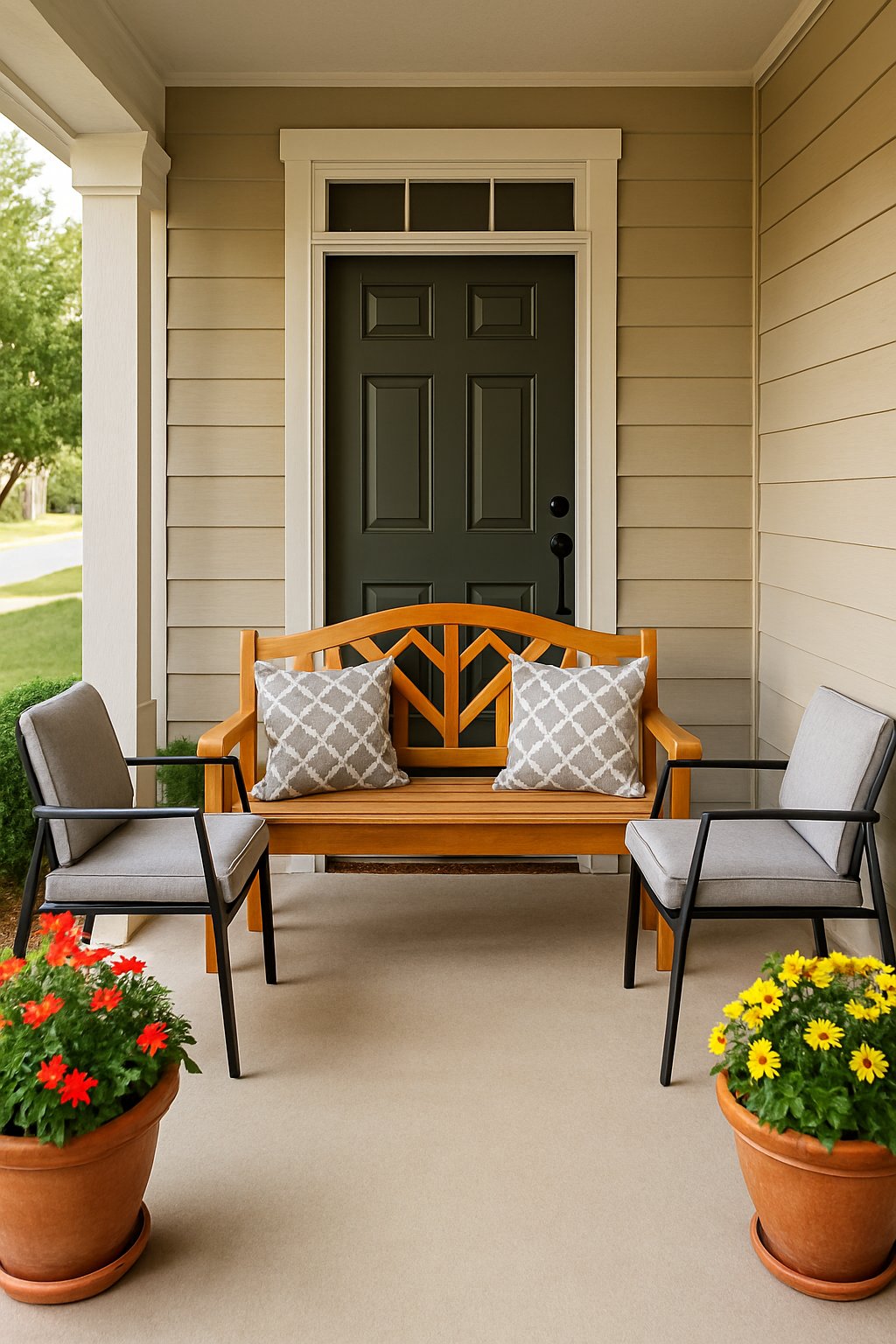 Front porch with a wooden bench, two chairs, potted plants, and a view of a lawn and curb.