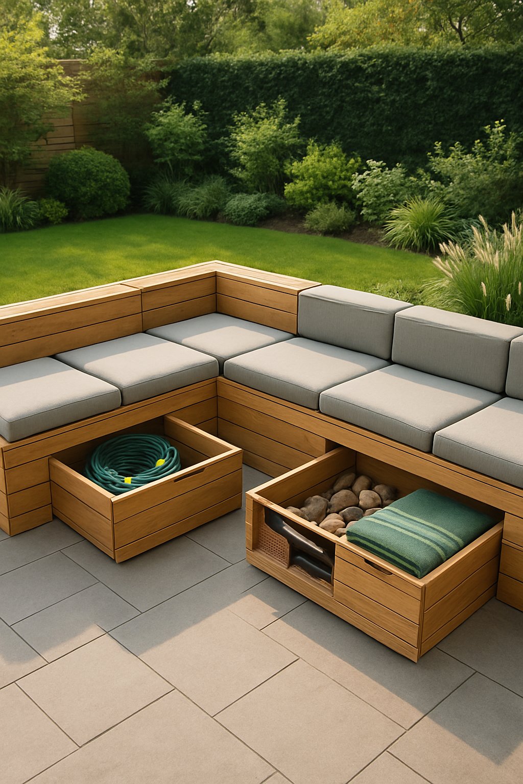 Backyard with built-in wooden seating featuring storage compartments underneath, surrounded by plants and lawn.