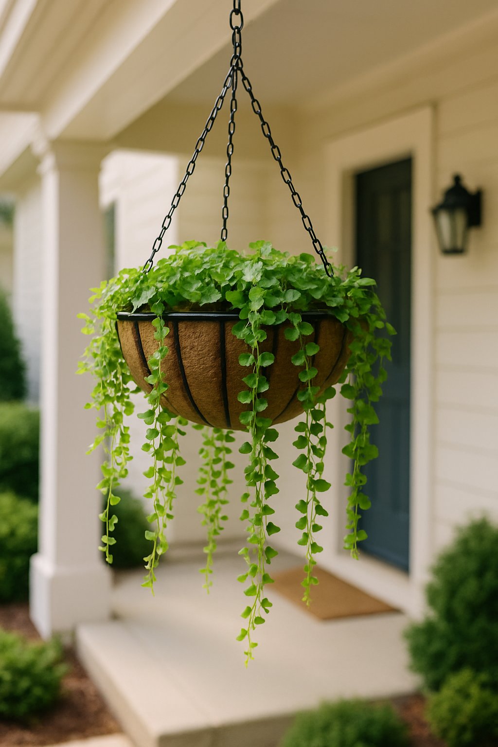 A hanging planter with trailing green plants installed outside a house near the front porch.