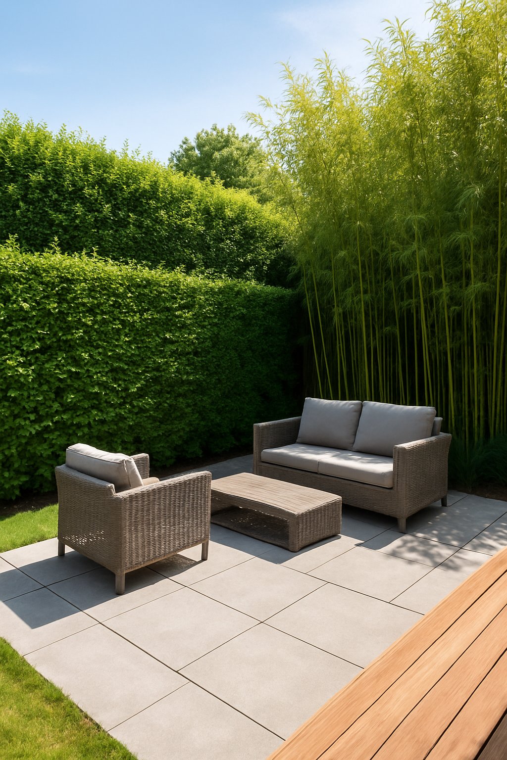 A backyard with privacy screens made of dense green hedges and tall bamboo plants surrounding a patio with outdoor seating.