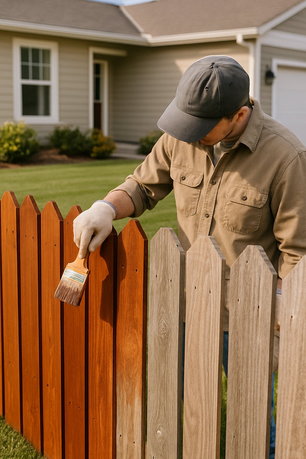 Person painting a wooden fence in a residential front yard to refresh its appearance.