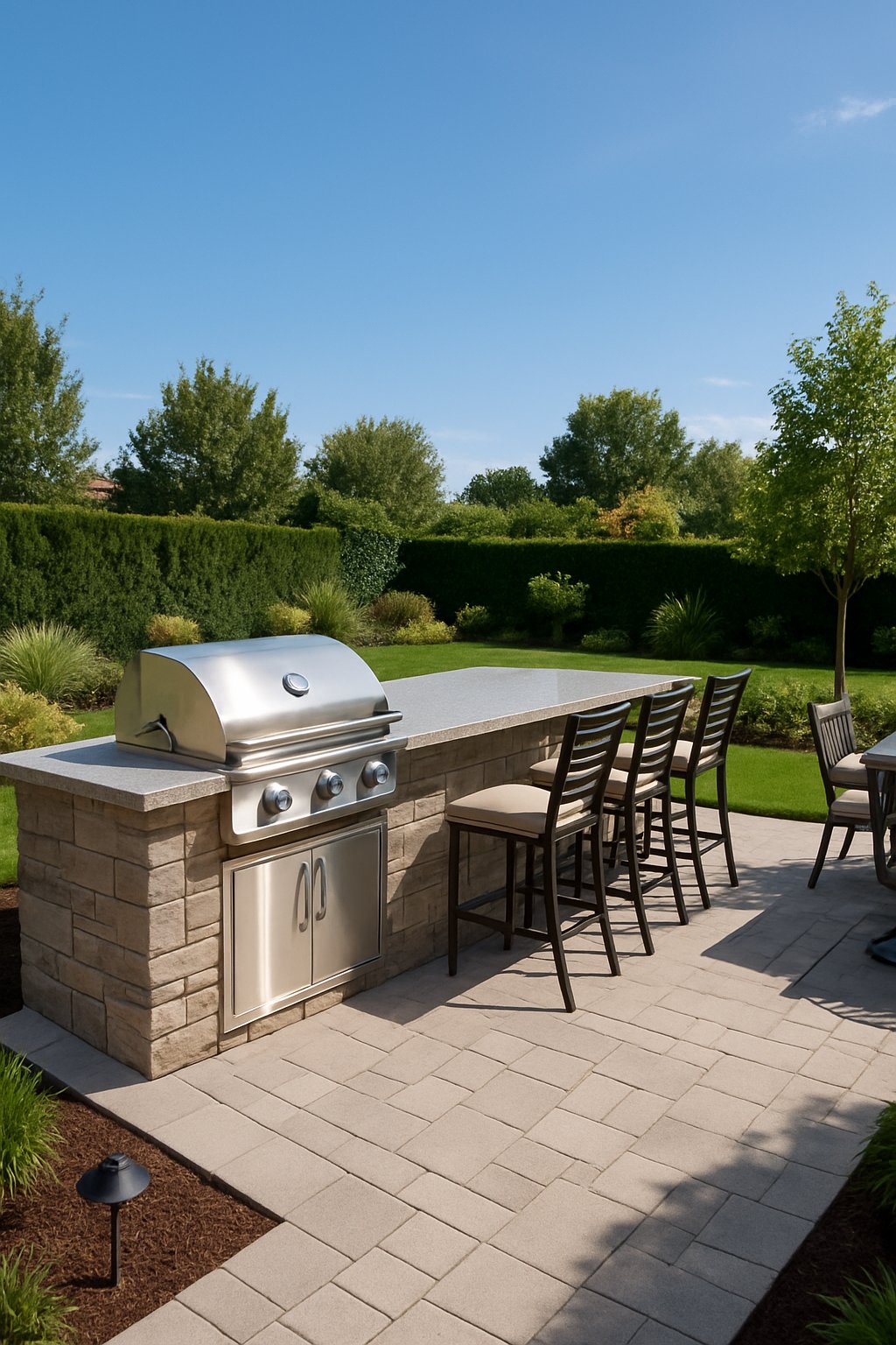 Outdoor kitchen with a grill island in a backyard surrounded by grass, plants, and outdoor seating.