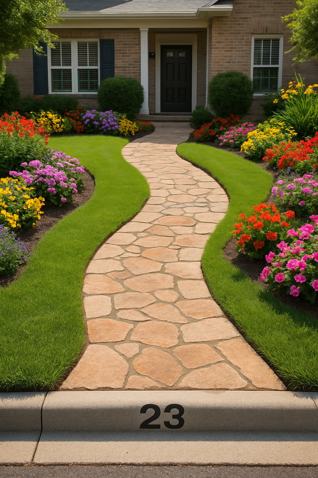 A winding stone pathway leads through a green lawn and flower beds to the front door of a house with the number 23 on the curb.