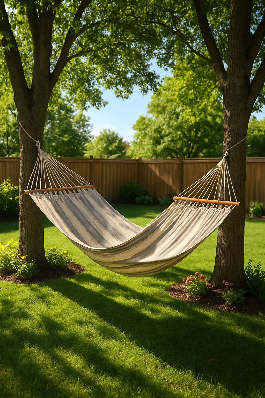 A hammock hanging between two trees in a backyard with green grass, flowers, and a wooden fence.