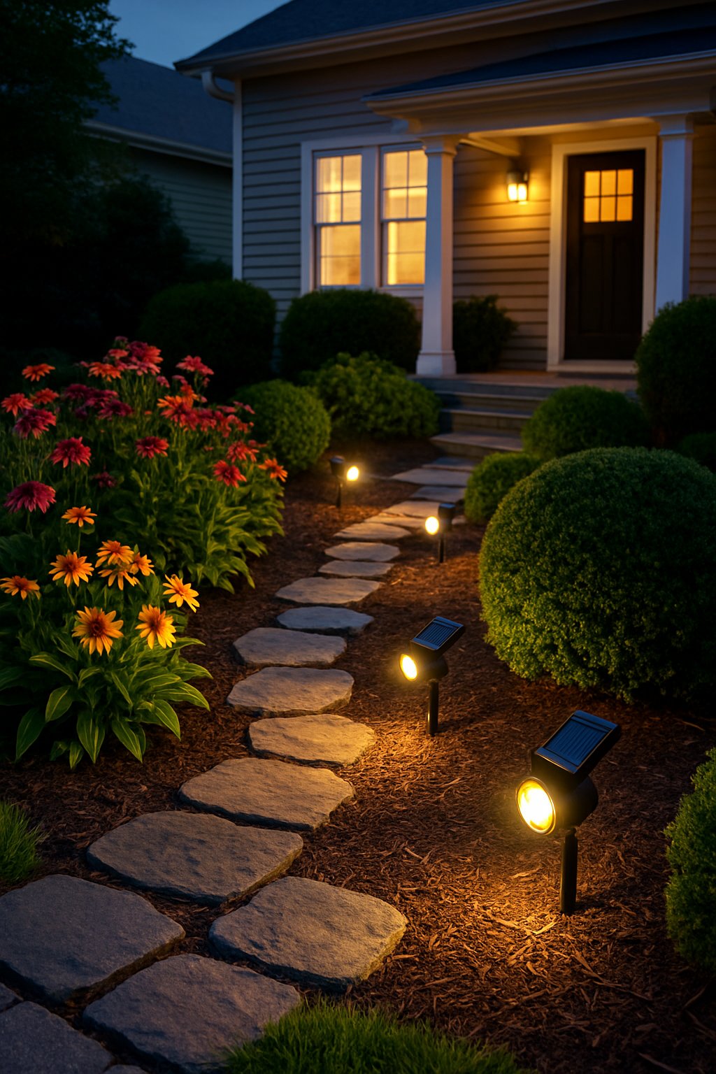 A residential garden at dusk with solar-powered spotlights highlighting flowers, shrubs, and a stone pathway in front of a house.