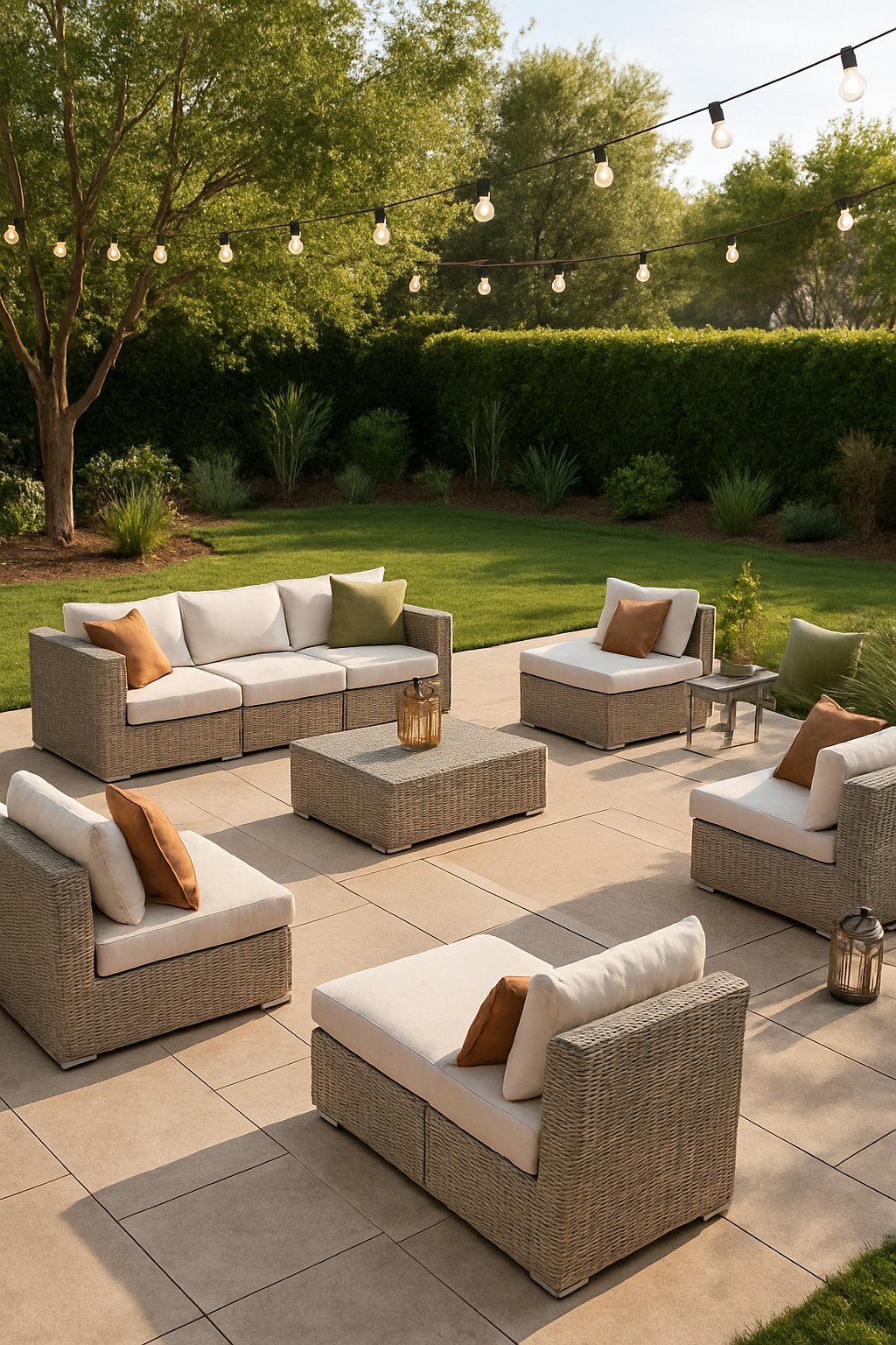 Backyard with modular outdoor furniture arranged in flexible seating configurations surrounded by plants and soft outdoor lighting.