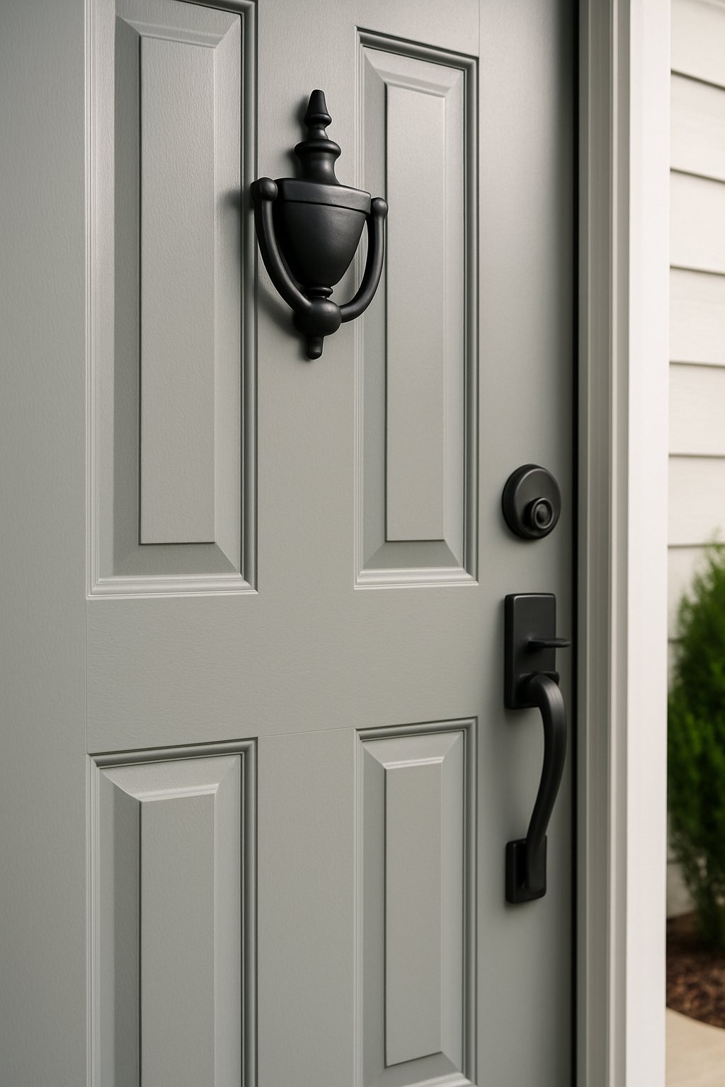 Close-up of a front door with new matte black or brushed nickel hardware and a clean exterior background.
