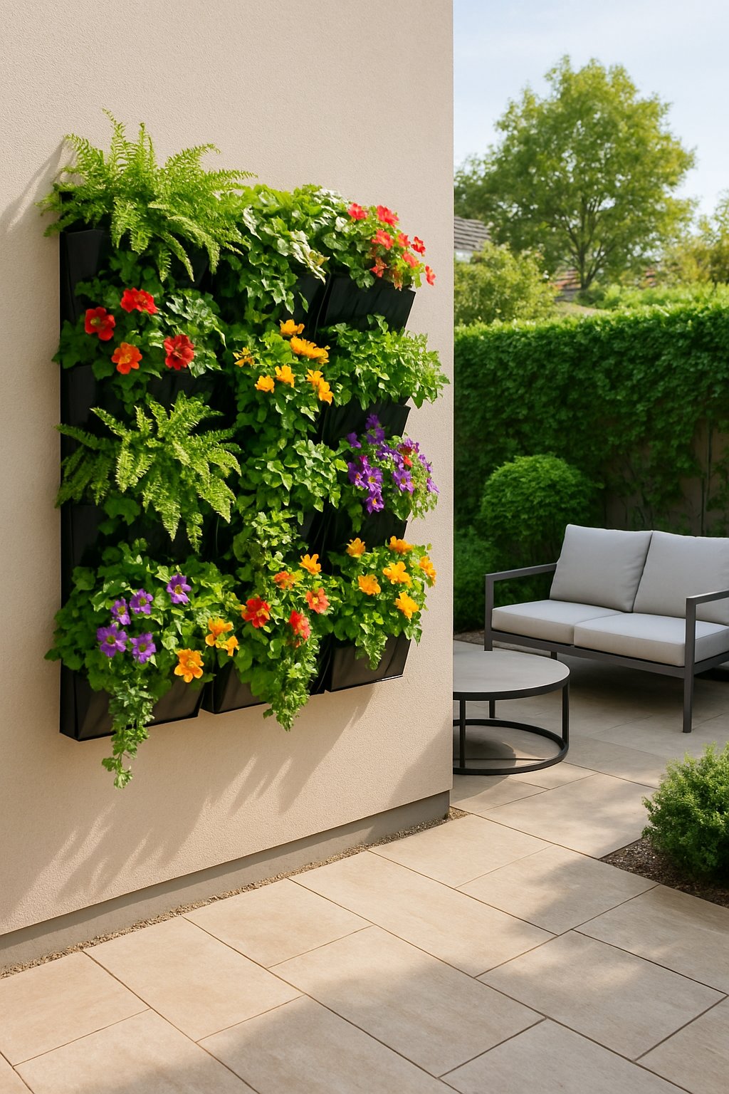A backyard with a vertical garden on a blank wall, showing various green plants and flowers in a compact outdoor space.