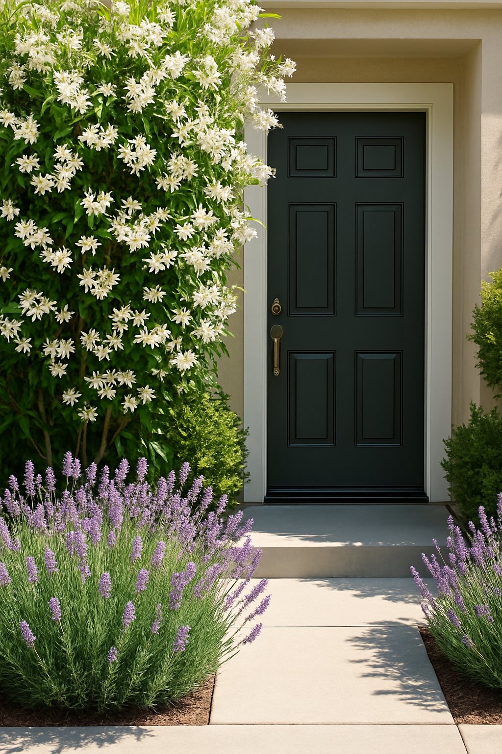 Entrance of a home with jasmine and lavender plants near the doorway and a clean walkway.