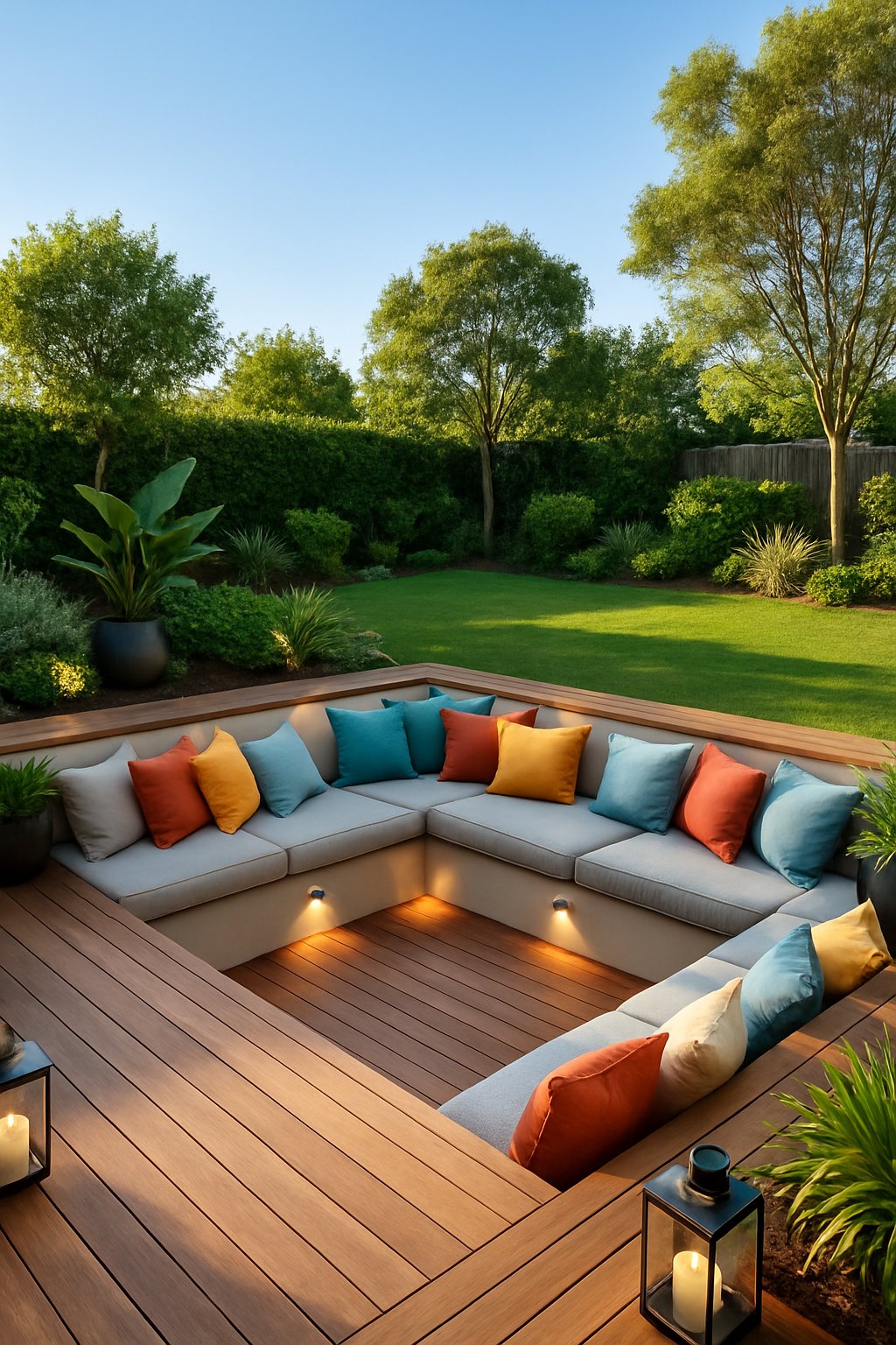 A backyard with a sunken lounge area featuring built-in seating and plush cushions surrounded by plants and wooden decking.