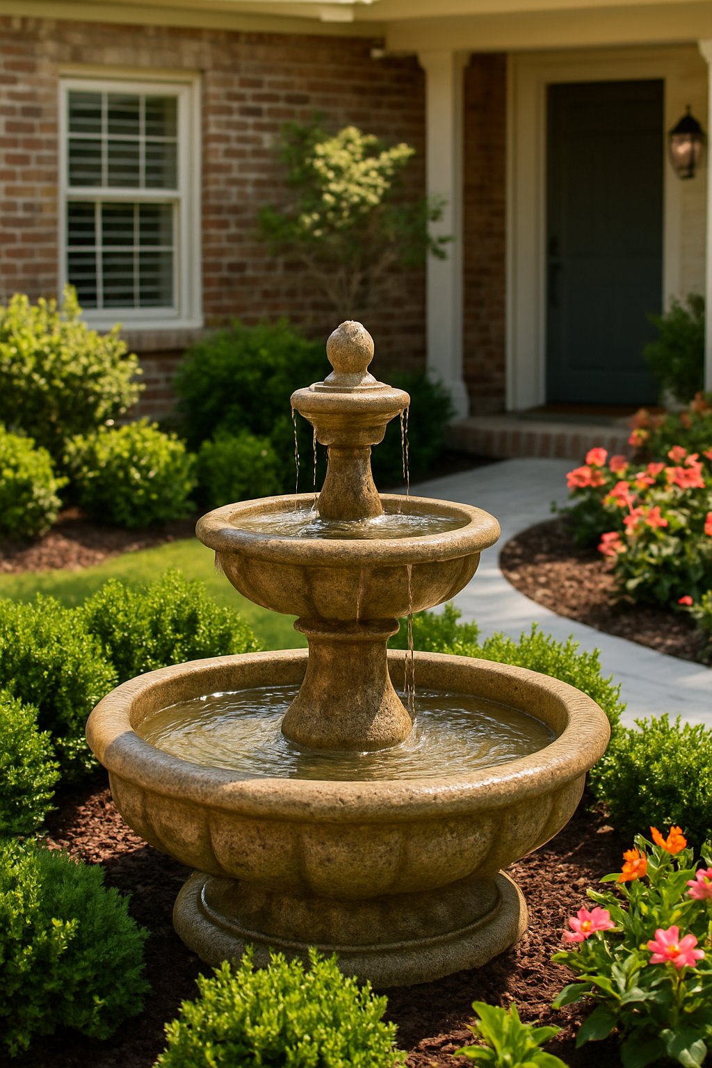 A small stone water fountain surrounded by plants and greenery in a front yard near a house entrance.