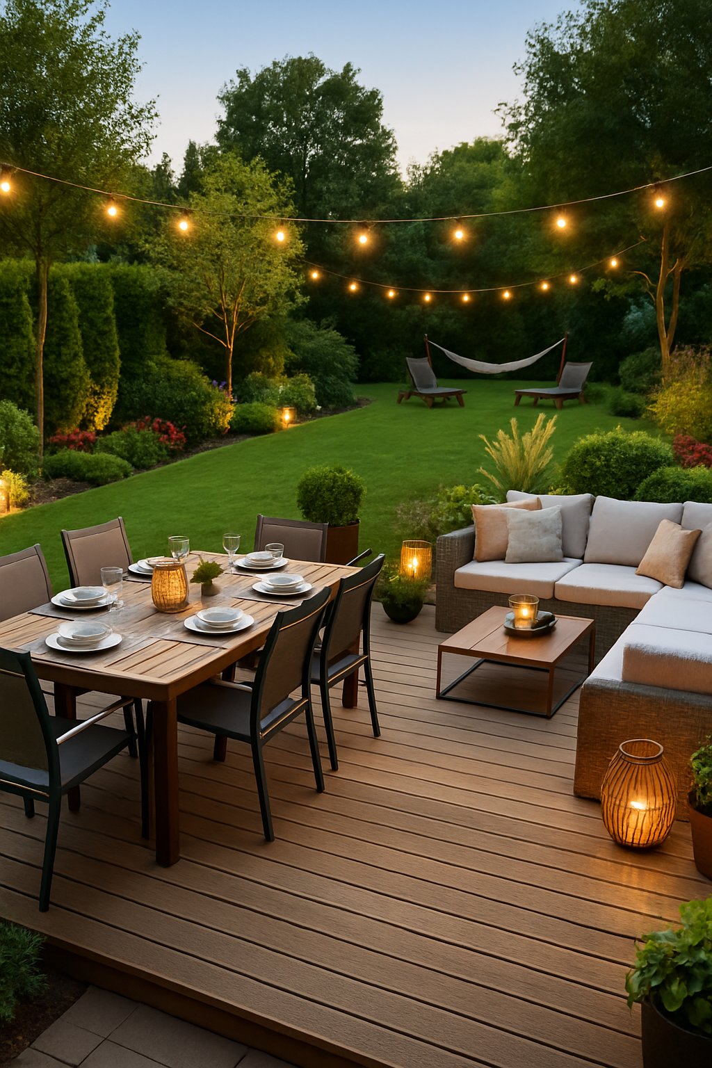 Backyard with a dining table set and a lounge area surrounded by plants and lawn.