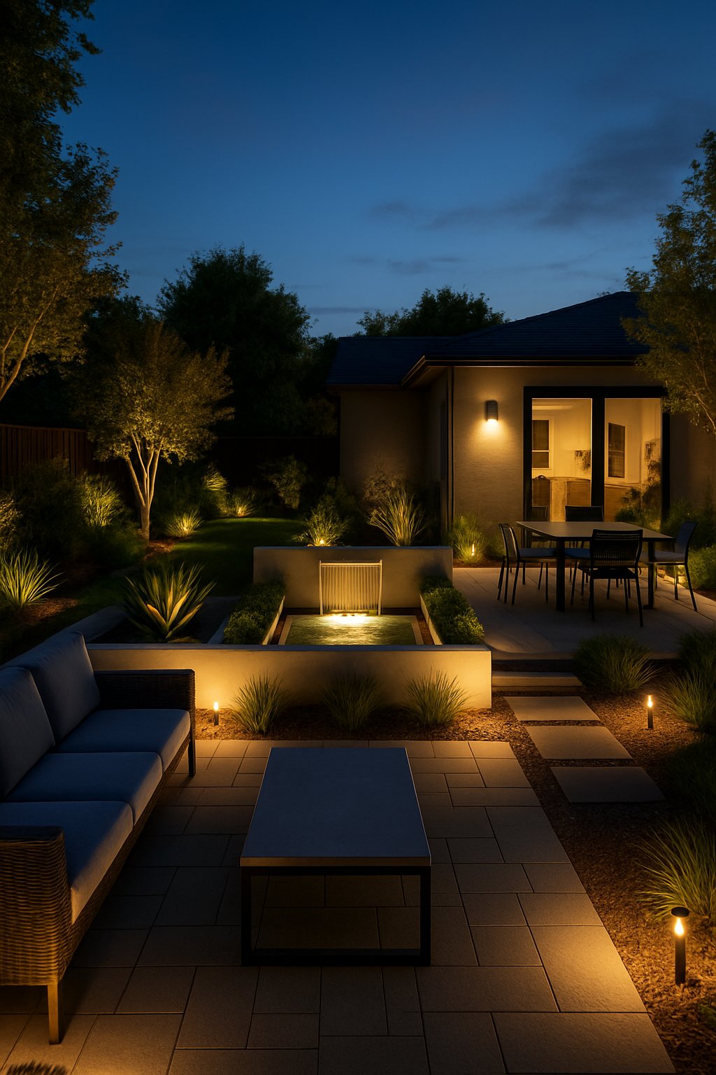 A backyard at dusk with layered lighting illuminating seating areas, pathways, and plants in a well-organized outdoor space.