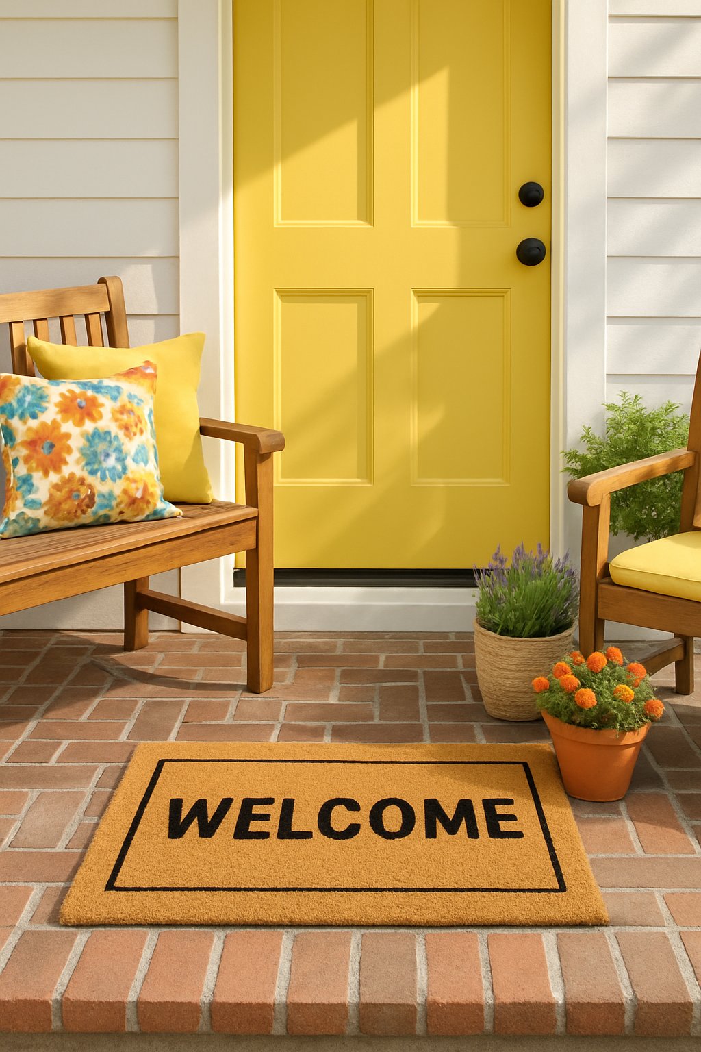 A front porch with a welcome mat and colorful cushions on a bench, surrounded by potted plants.