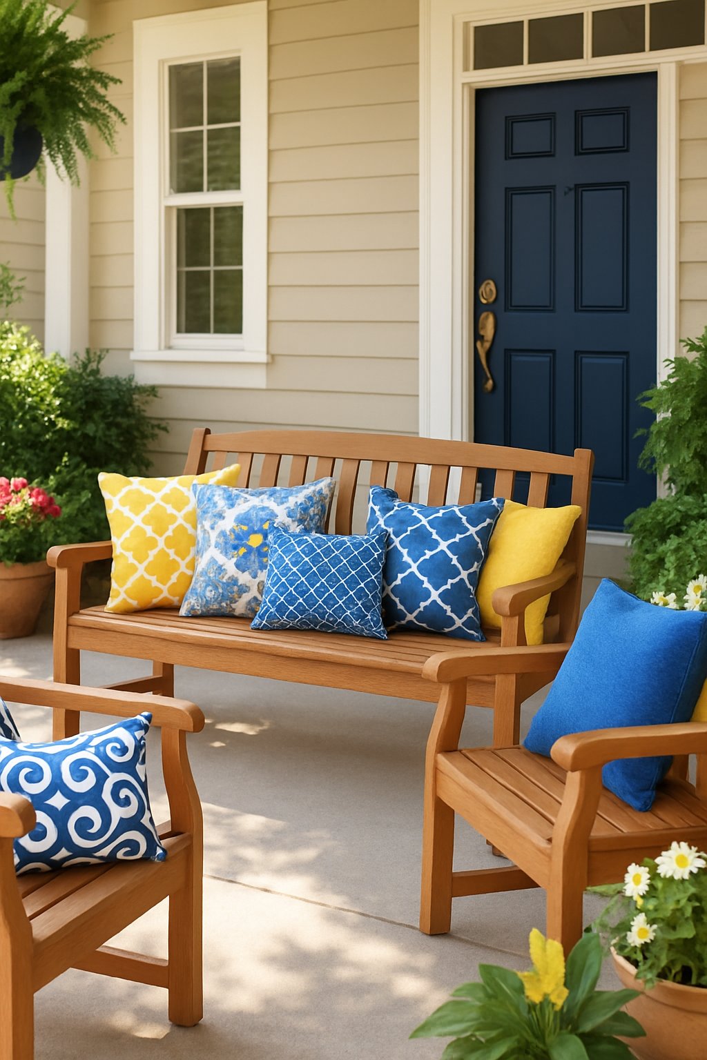 Porch with outdoor furniture decorated with colorful pillows and potted plants near a house entrance.