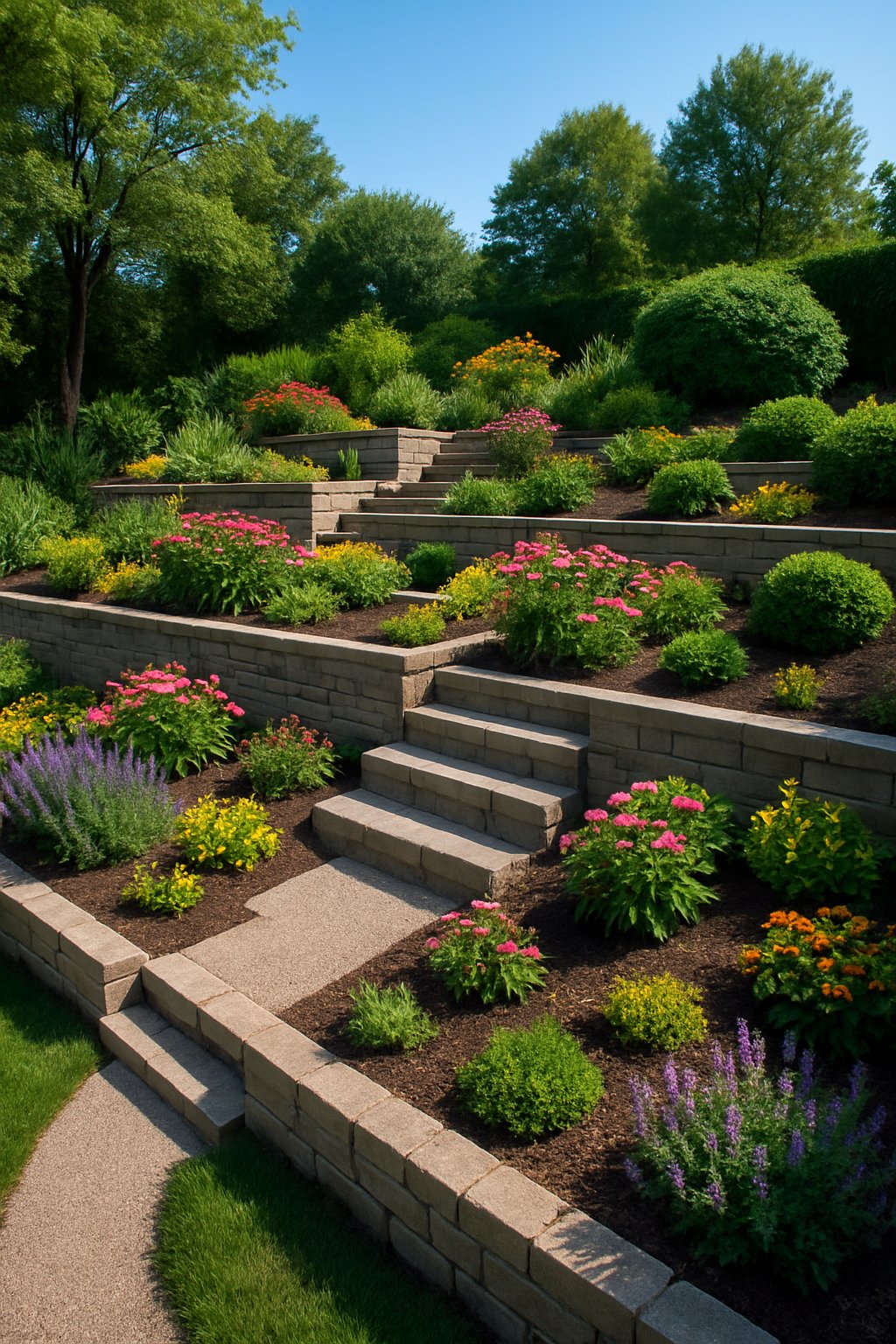 Backyard with multiple terraced garden beds on a sloped landscape filled with plants and flowers.
