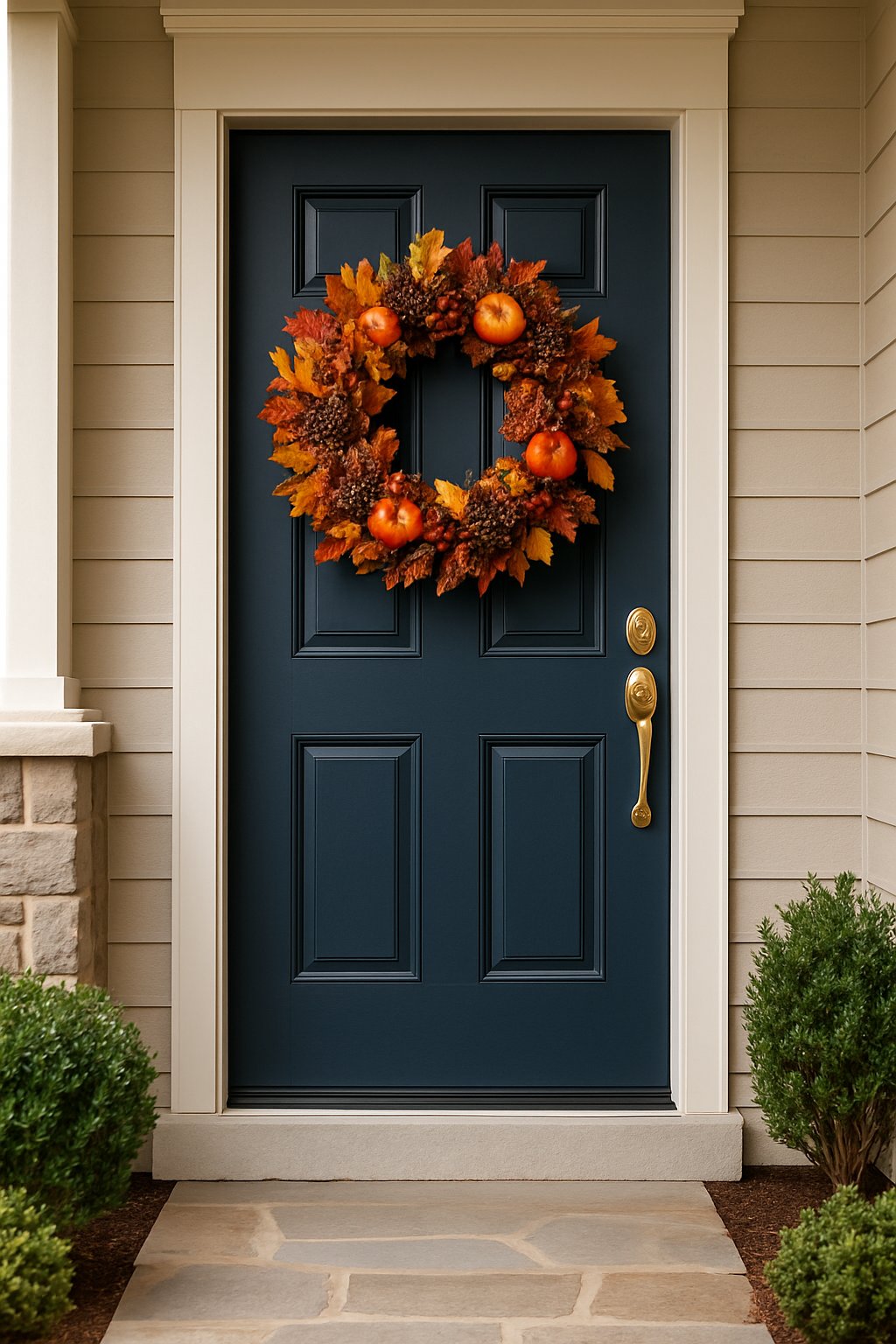 Front door with a seasonal wreath hanging, surrounded by trimmed shrubs and a clean porch.
