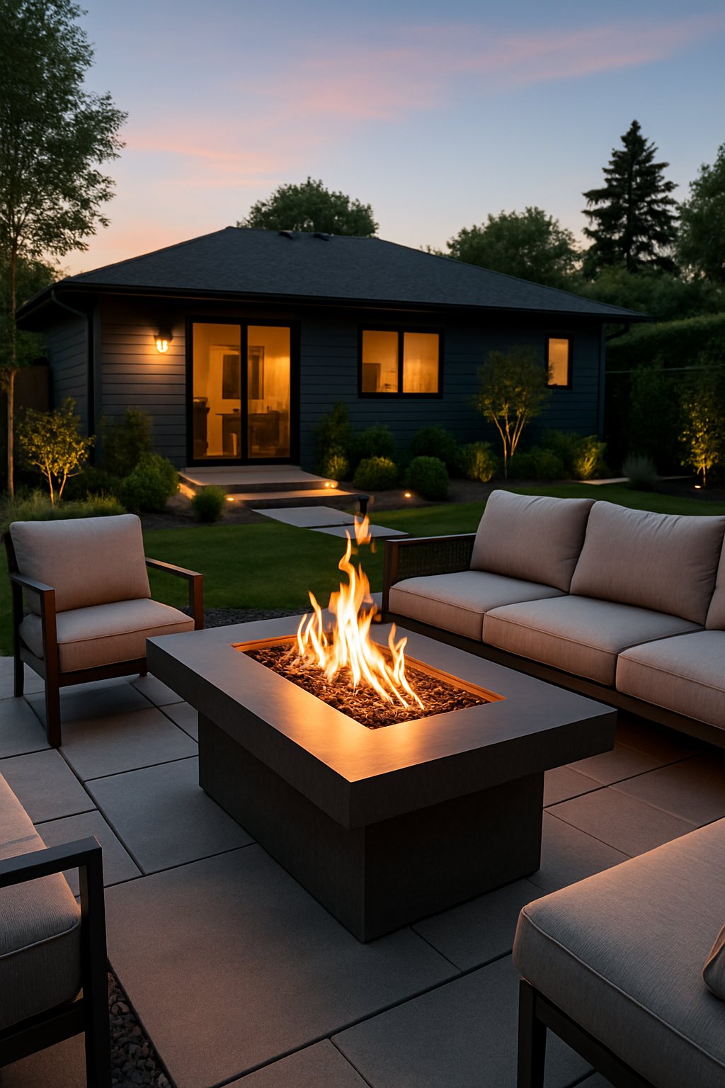 A backyard with a fire table surrounded by outdoor seating, greenery, and soft lighting at dusk.