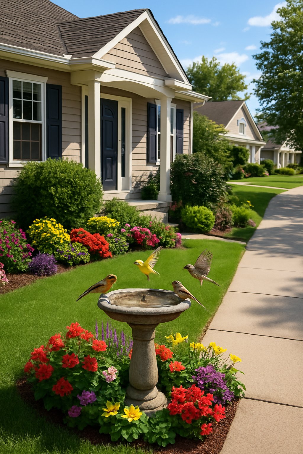A suburban front yard with a bird feeder or bird bath surrounded by flowers and greenery, with birds nearby.