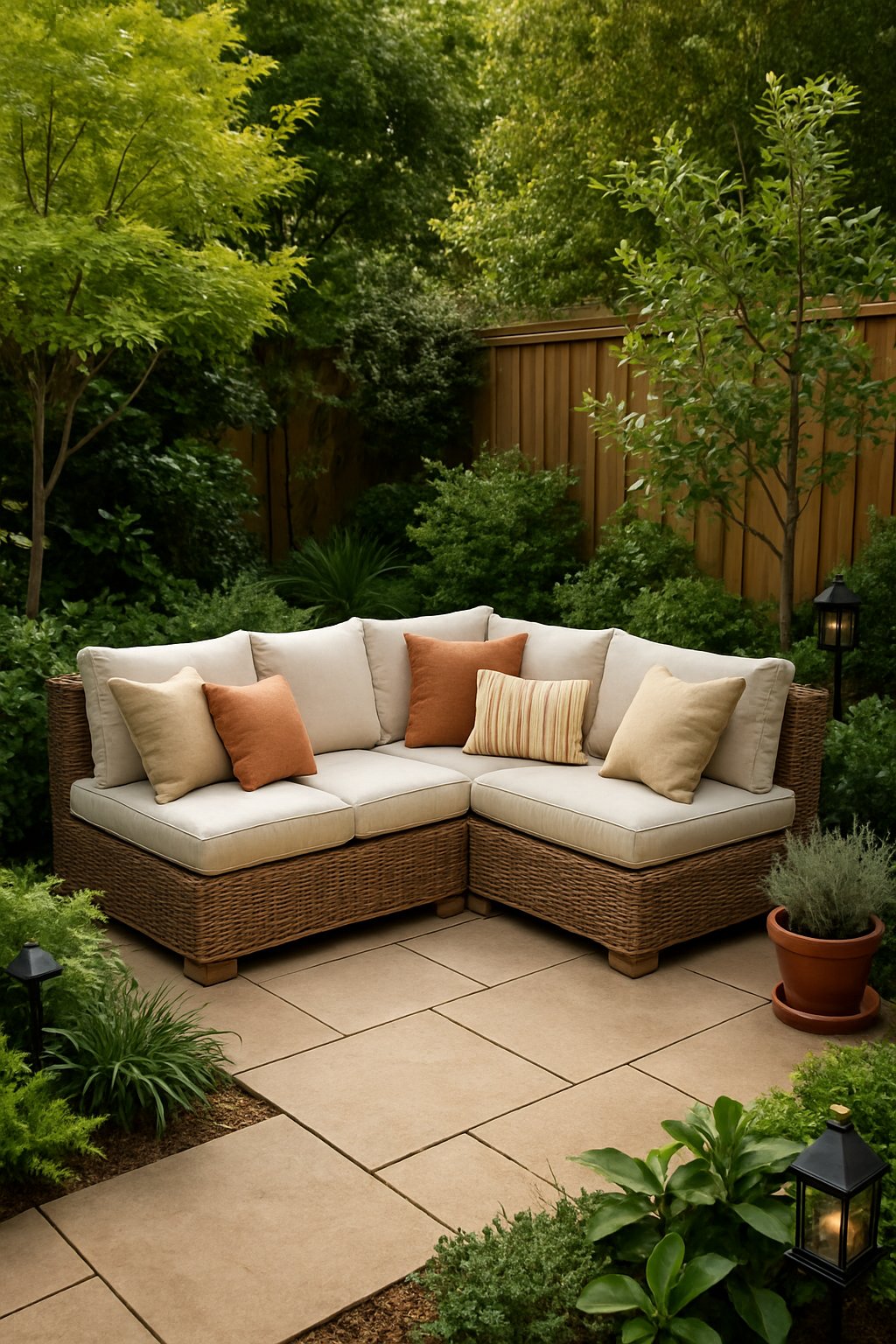 A backyard reading nook with weatherproof cushions on outdoor seating surrounded by plants and greenery.