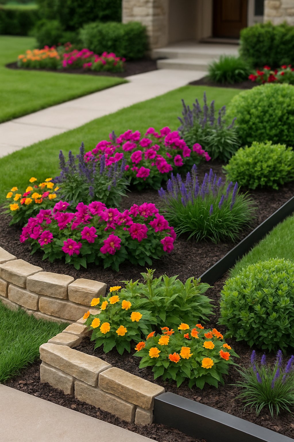 A garden with flower beds bordered by stone and metal edging, filled with colorful flowers and green plants next to a manicured lawn and walkway.