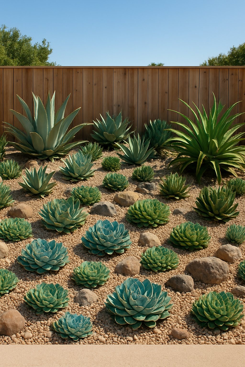 A backyard garden section with various succulents, decorative rocks, and gravel ground cover under natural sunlight.