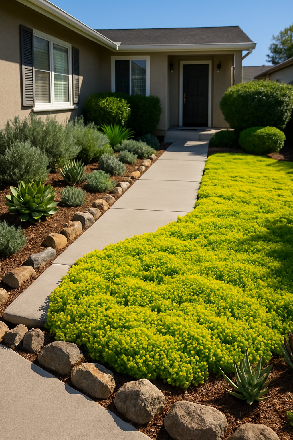 A front yard with drought-tolerant ground cover plants replacing bare lawn patches, featuring succulents, rocks, and a clean walkway leading to a house.