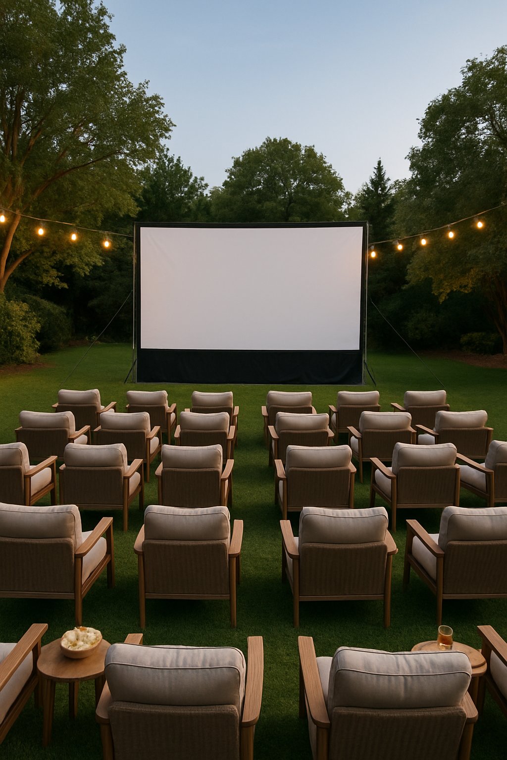 A backyard with a large outdoor movie screen and 24 comfortable chairs arranged on the lawn, surrounded by trees and soft lighting.