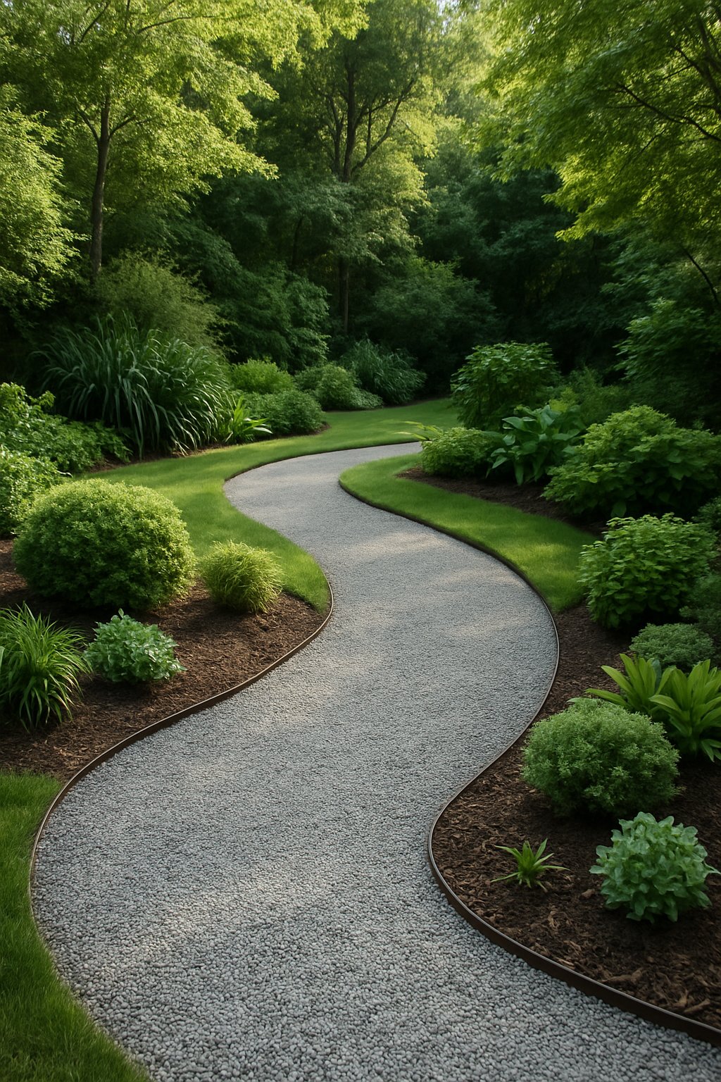 A winding gravel path surrounded by green plants and trees in a backyard garden.