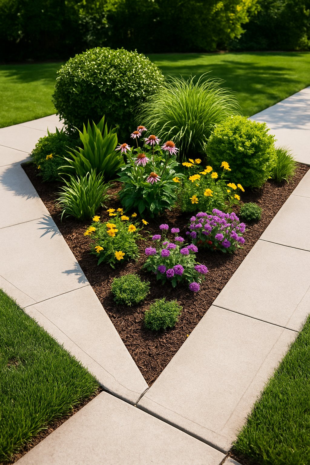 Front yard garden with a triangular planting bed beside a sidewalk, filled with green plants and colorful flowers.