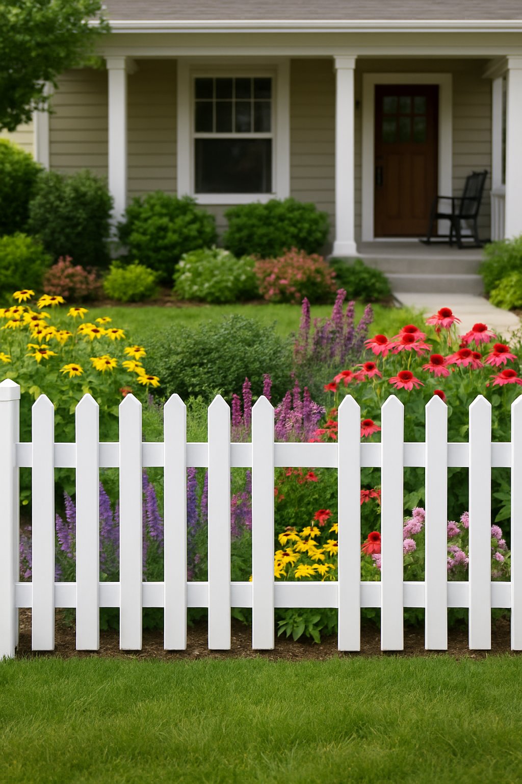 A front yard with a white picket fence surrounding a colorful garden in front of a suburban house.