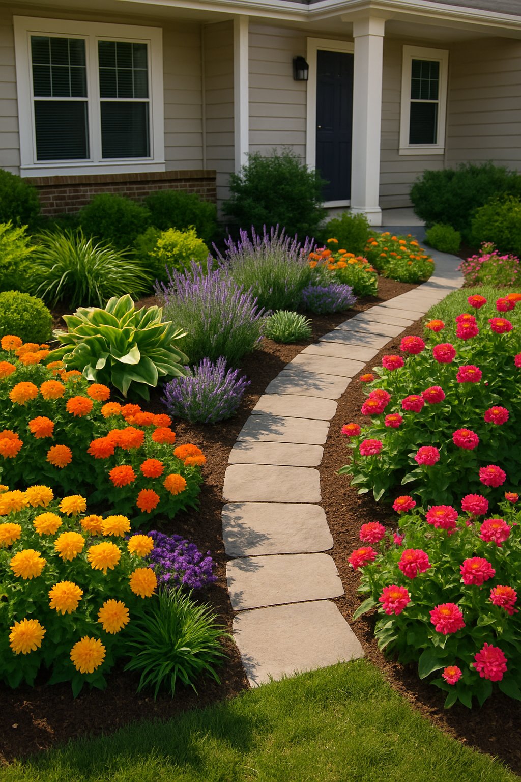 A front yard garden with colorful flowers and green plants arranged around a stone pathway leading to a house.