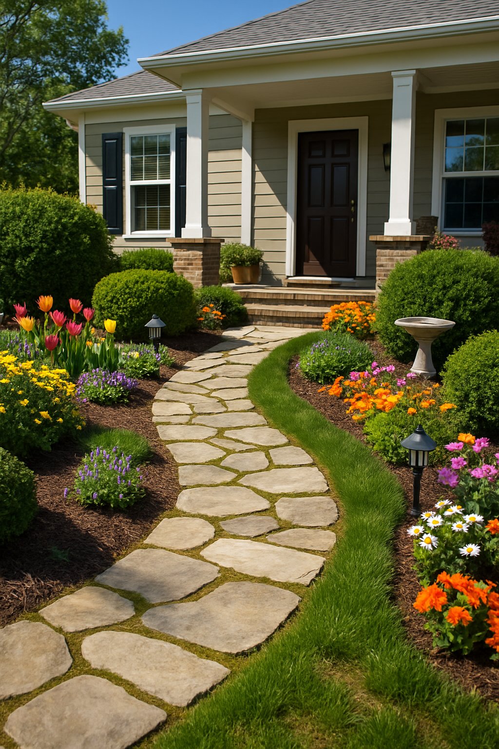 A front yard garden with a winding stone walkway surrounded by green grass, colorful flowers, and shrubs leading to a house entrance.