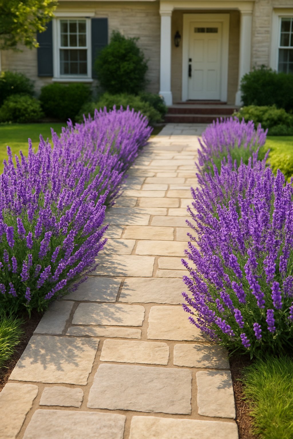 A front garden walkway bordered by blooming lavender plants with purple flowers and green grass.