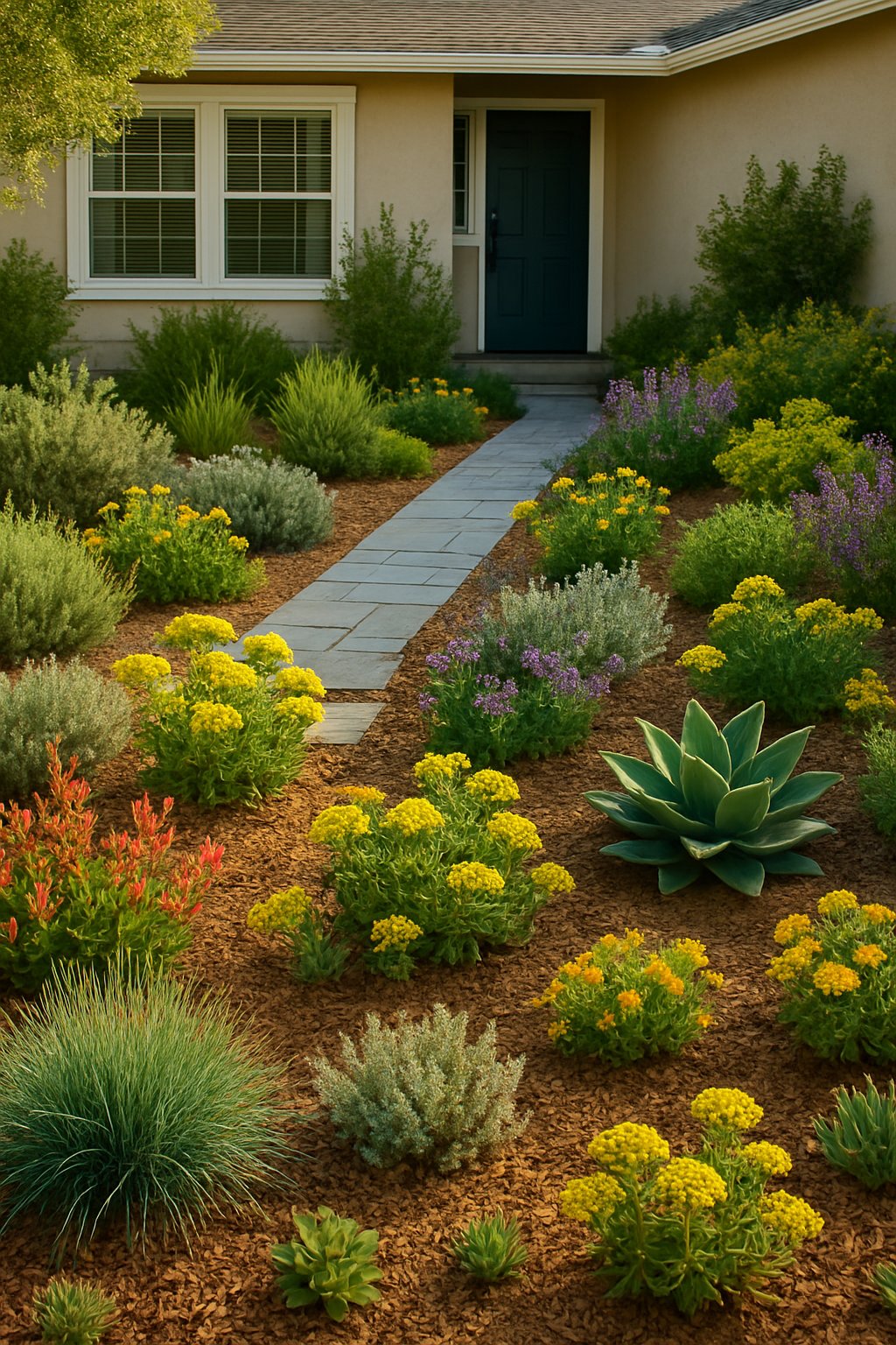 A front yard garden with 25 native plants arranged around a stone walkway leading to a house, showcasing drought-tolerant shrubs, grasses, and flowering plants.