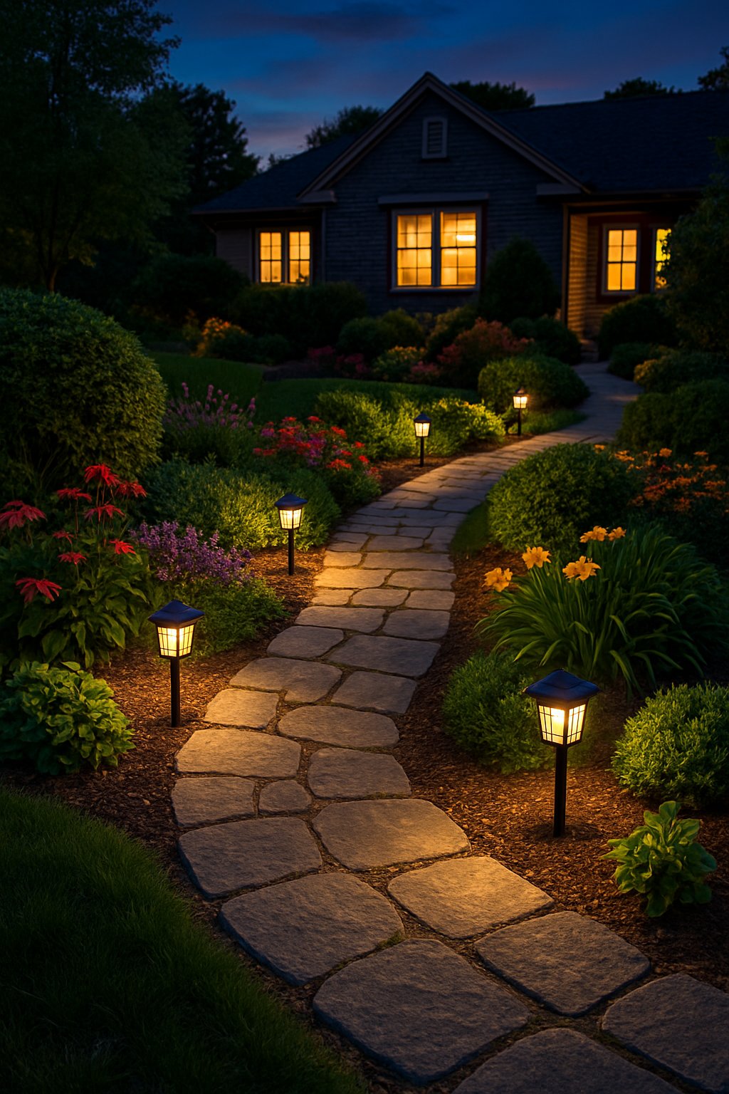 A front garden pathway at dusk illuminated by solar-powered lanterns surrounded by plants and flowers.