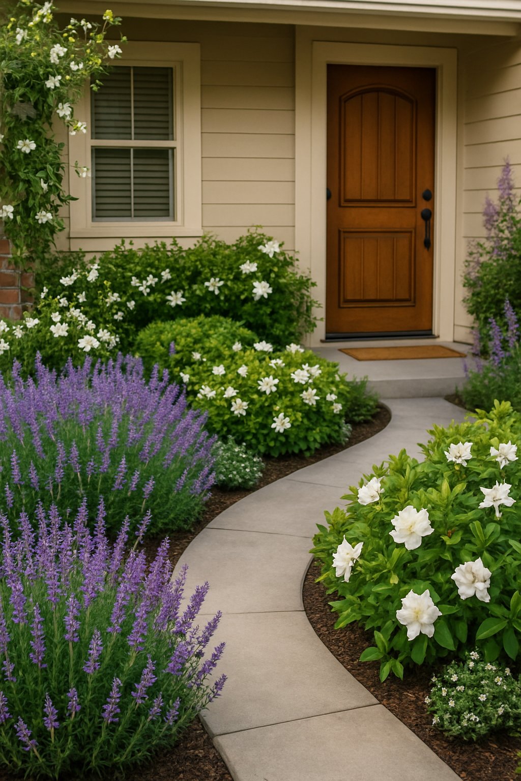 Front yard garden with fragrant flowering plants near a wooden front door and a pathway leading to the entrance.