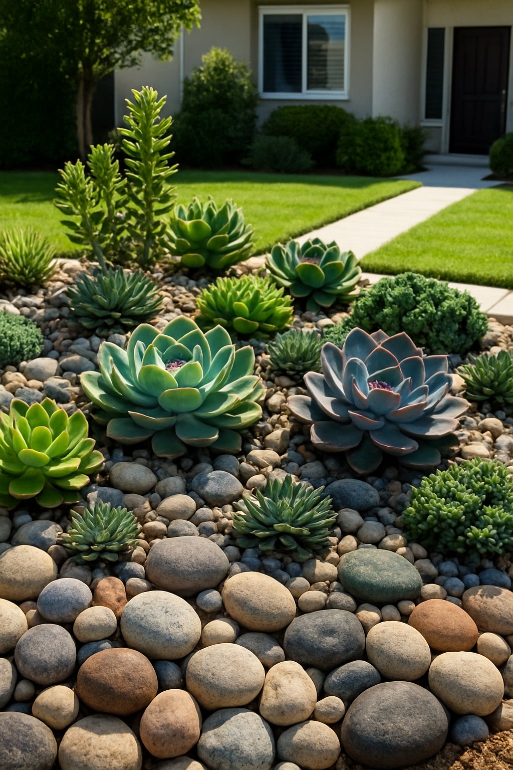 A front garden with smooth river stones and various succulents arranged among them.