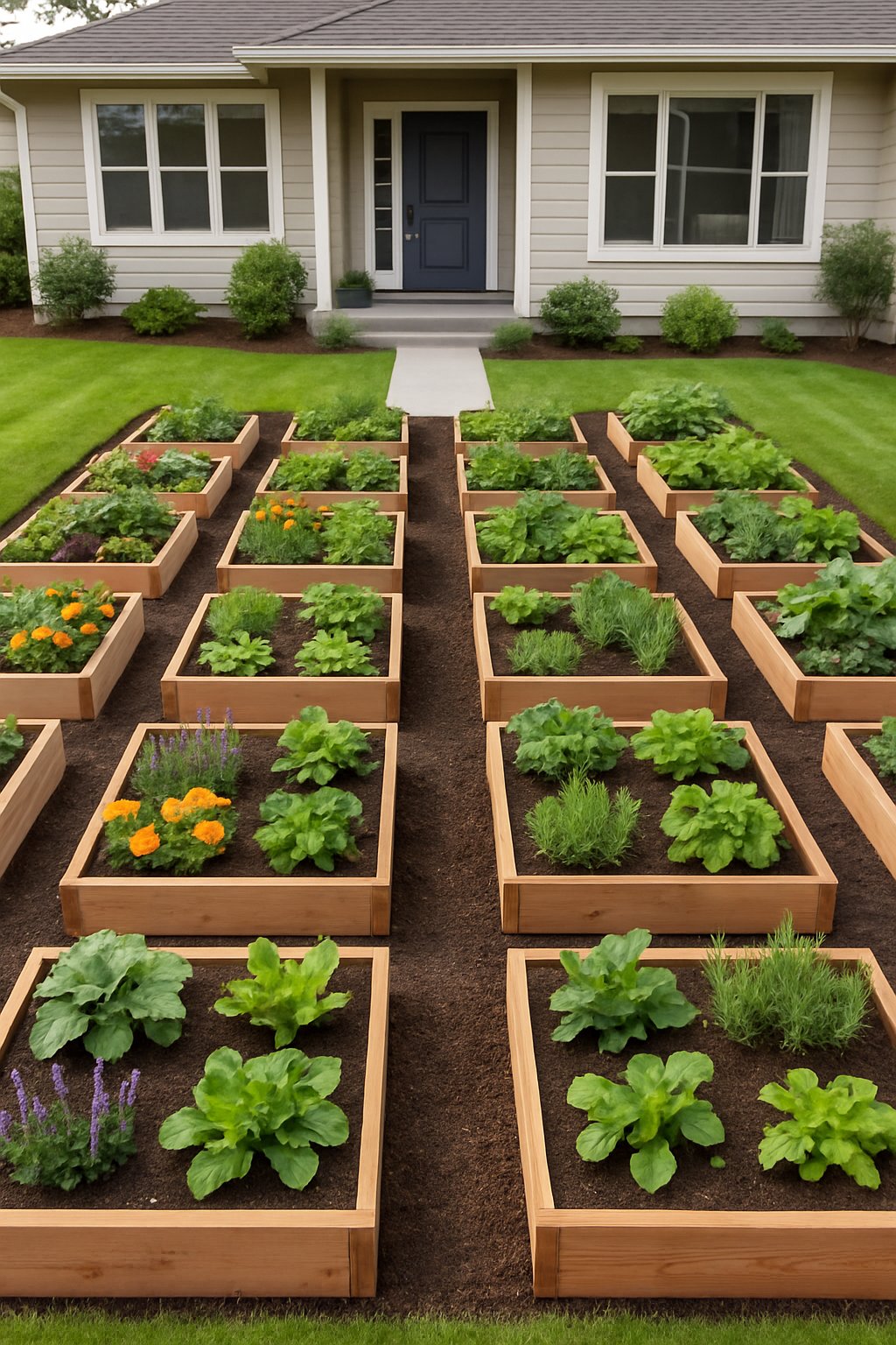 Front yard with 25 neatly arranged raised garden beds filled with various plants and flowers, bordered by a lawn and a paved walkway leading to a house.